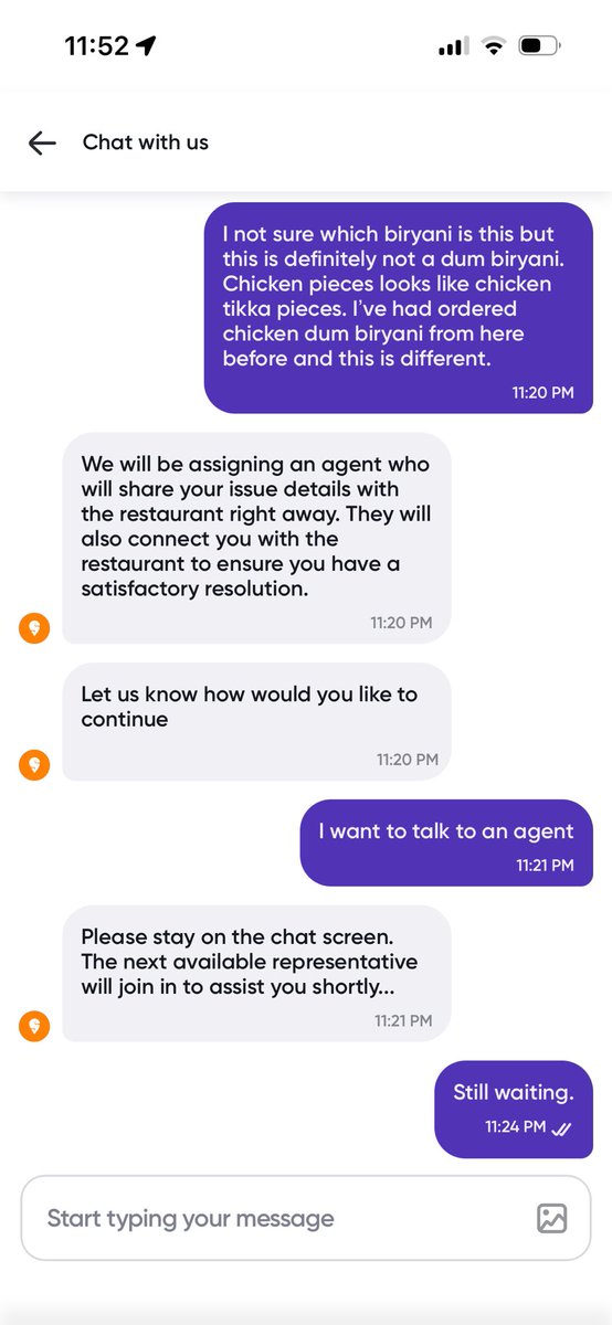 prochi45's tweet photo. Hey @Swiggy @SwiggyCares, this is beyond pathetic.
For the SECOND time this week, you’ve messed up my order. I ordered Chicken Dum Biryani and got something else entirely. I’ve been sitting on your "support" chat for over 30 mins with zero response.

#Swiggy #Shit #SwiggyIndia https://t.co/OTIyUjLRMB