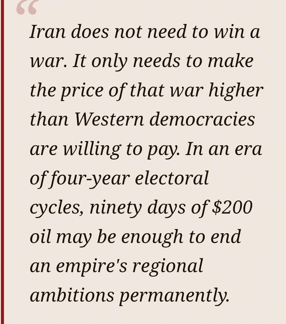 The Hormuz : The Most Powerful Non-Nuclear Weapon on Earth. 

"A state with nothing left to lose is a state that cannot be deterred."

Trump thinks in four-year cycles. EU thinks in budgets. Iran thinks in civilizations. That asymmetry may decide the next 50 years of world order.