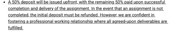 Hey; don't apply to this production. it's a scam. What JOB offers a 50% deposit that makes you refund them if you didn't pass an assignment?! Your either given an unpaid test, a paid one, partially compensated depending on how you did or not paid at all if unused.