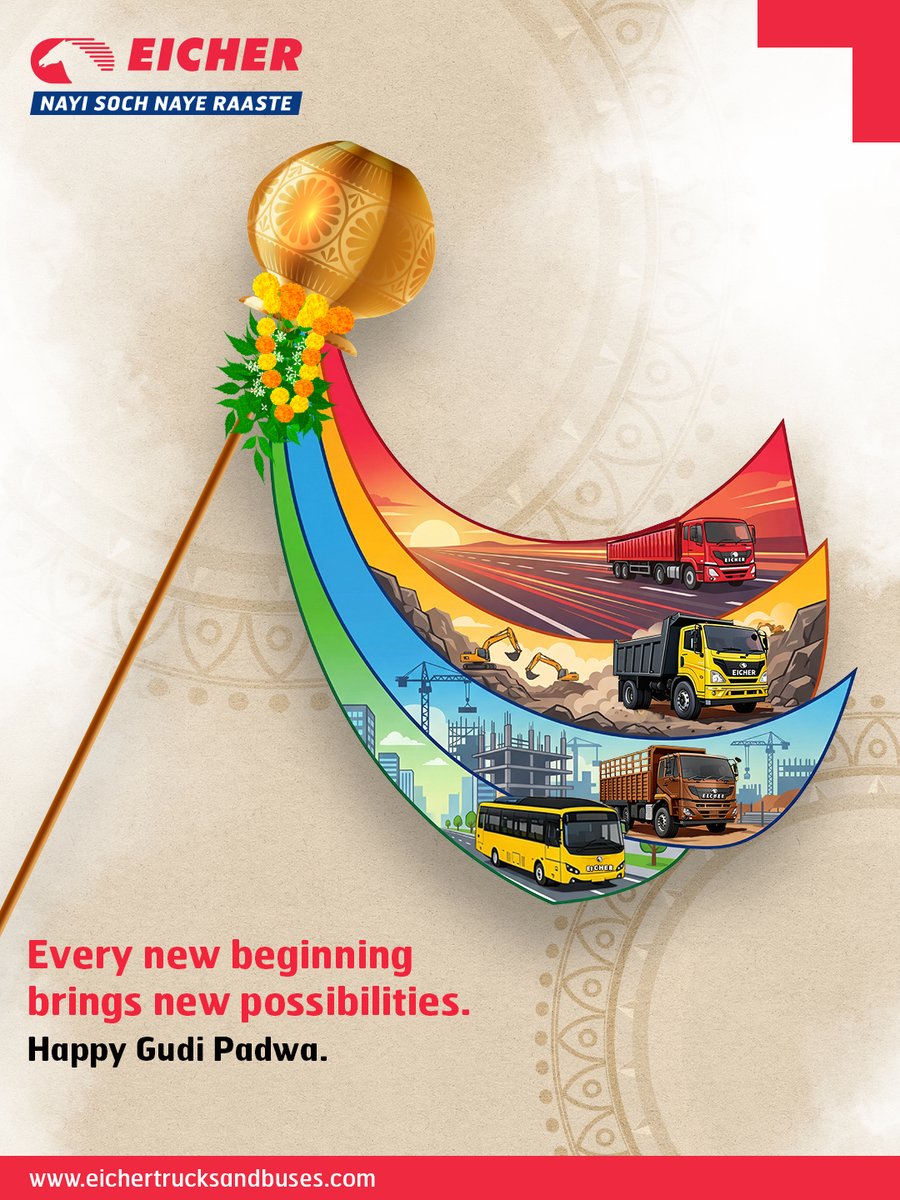 ETBIndia's tweet photo. Welcoming new beginnings, brighter roads, and journeys filled with prosperity. Wishing you a Happy Gudi Padwa.
#GudiPadwa #NewBeginnings  #DriveProgress #EicherTrucksAndBuses #NayiSochNayeRaaste https://t.co/jHeKe53xGH