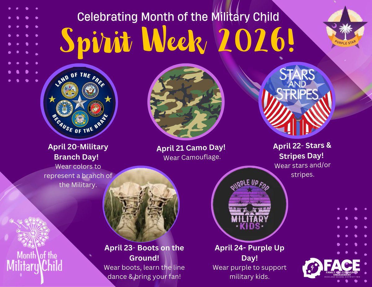 RichlandTwo's tweet photo. 📅Month of the Military Child Spirit Week is coming April 20–24! 🇺🇸💜Let’s show up BIG for our military-connected students and families!🎉
#HereOnPurpose https://t.co/6tg1sB4L1d