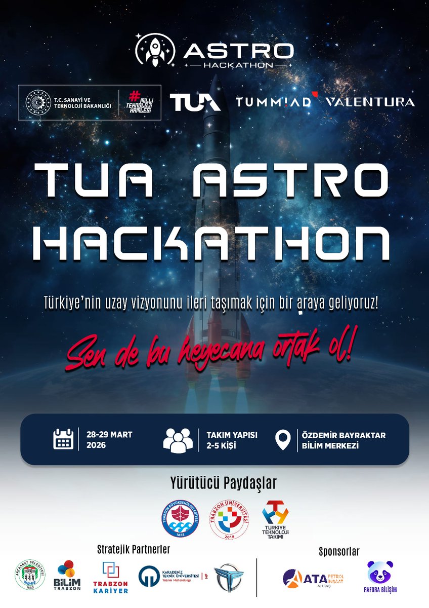 trabzonuniv's tweet photo. 🚀 Türkiye Uzay Ajansı’nın dev organizasyonu #AstroHackathon Trabzon Büyükşehir Belediyesi, Trabzon Üniversitesi ve T3 Vakfı iş birliğiyle Özdemir Bayraktar Bilim Merkezi’nde!

Takımını kur, yarışmaya katıl!

Uzay tutkunuysan yerin burası 🪐  

Detaylar: 🔗https://t.co/wa5HcSMHk1 https://t.co/bizu6CwmuI