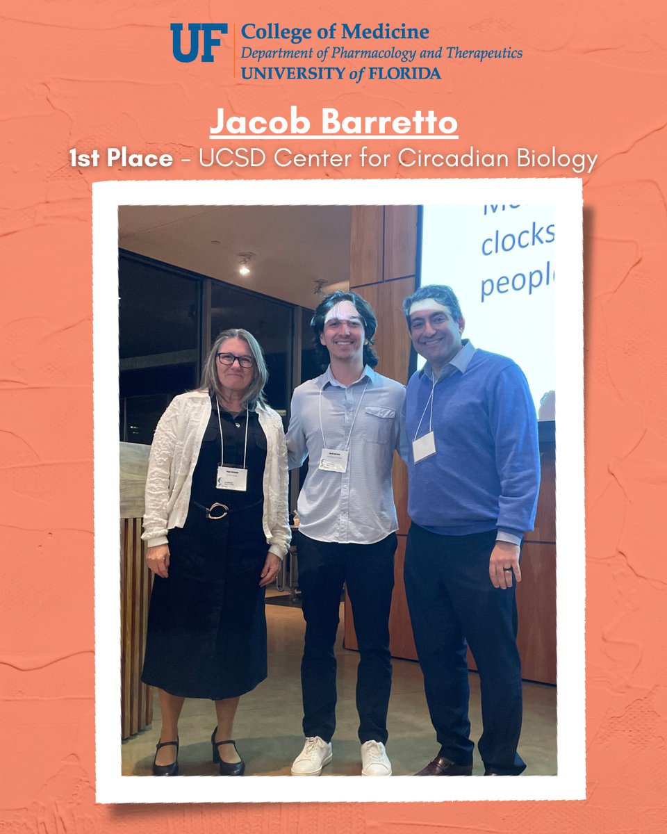 UF_Pharmacology's tweet photo. Congratulations to Jacob Barretto, a second year PhD student in the Kopinke lab, for winning first place in the poster competition at UC San Diego's Center for Circadian Biology! Great work! https://t.co/DAwUX9Ccsj