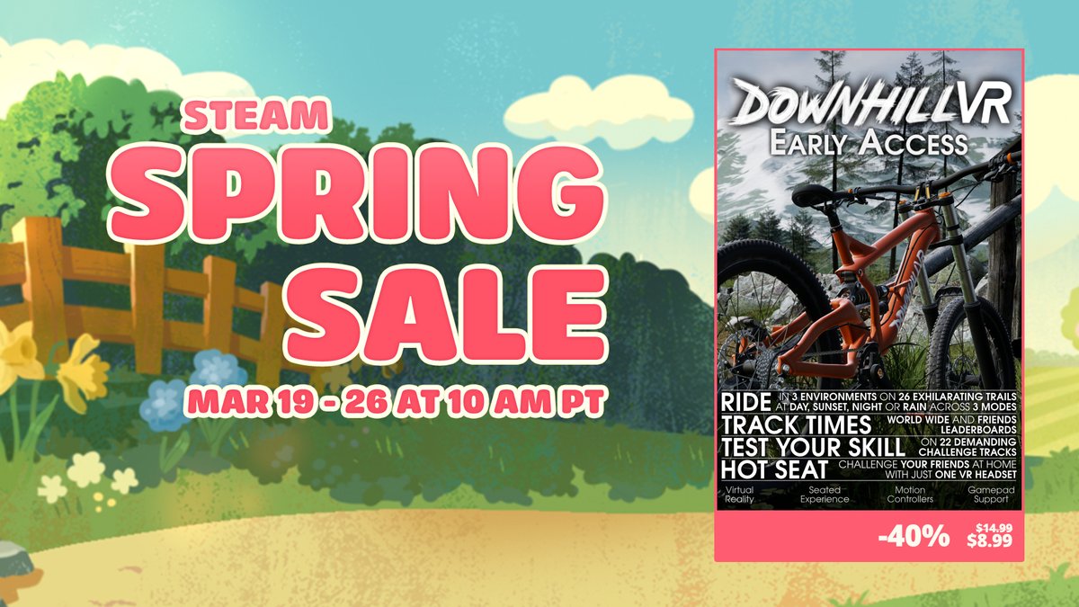 DownhillVR's tweet photo. 🌿 Spring is here and it's time to hit the trails! 🚵‍♂️

Grab DownhillVR Early Access at 40% off during the Steam Spring Sale and send it down the mountain in VR!
 https://t.co/TUaNavXWVQ

#DownhillVR #SteamSpringSale #MountainBiking #VirtualReality https://t.co/DxgxRJPWLJ