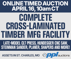 panelworldmag's tweet photo. A complete CLT mfg. facility, along with a wide range of late-model woodworking and more, will be sold via a timed online auction closing April 16, 2026, at 10 a.m. (CT). Located in St. Charles, MO, and bidding will take place online through Bidspotter. https://t.co/k98llNo3Vk https://t.co/22XcX6cfc2