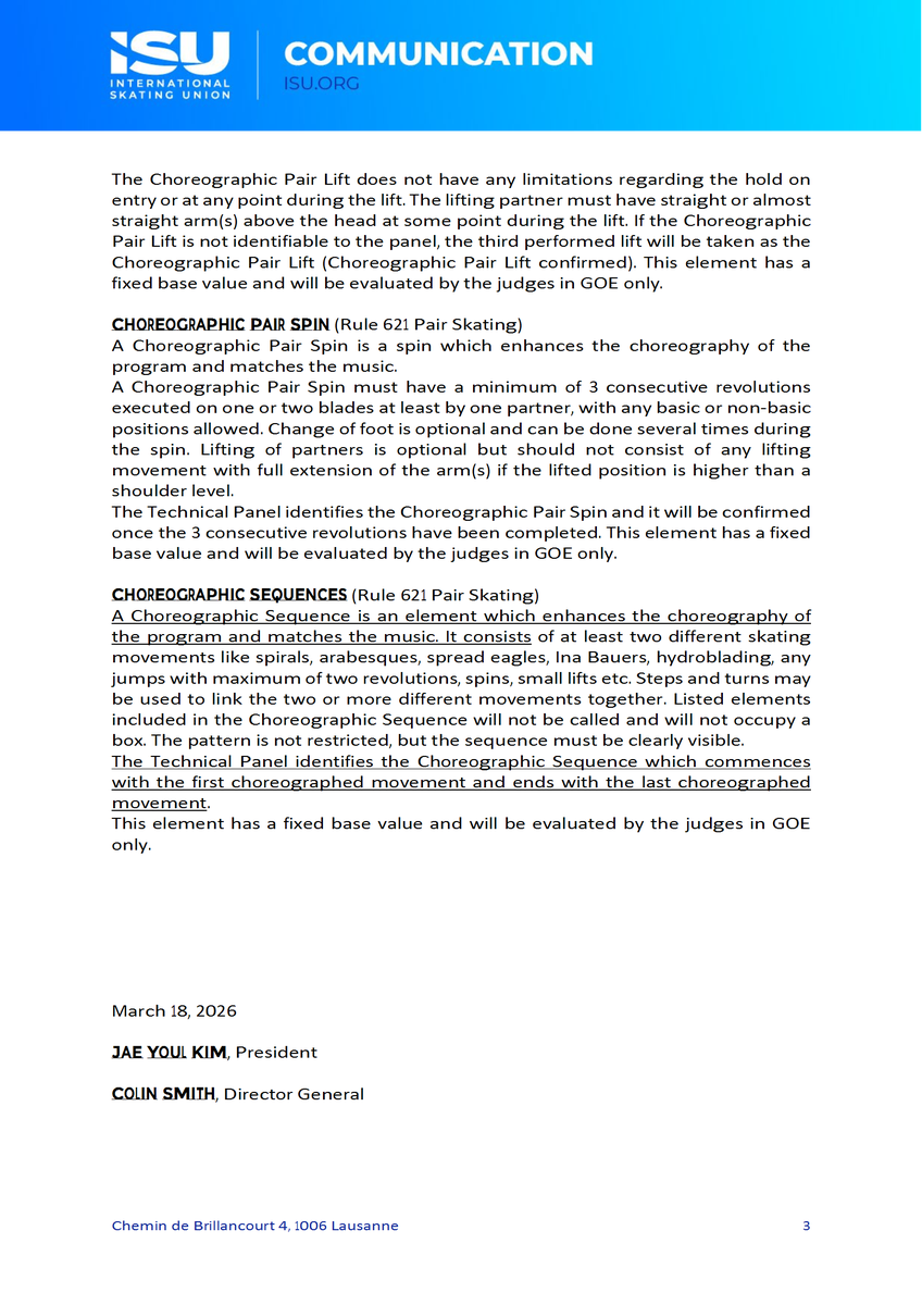 New ISU Guidelines for marking +GOE of Single and Pair Skating Choreographic Elements in Free Skating (positive aspects) from 2026/27

bit.ly/ISU2769

#FigureSkating