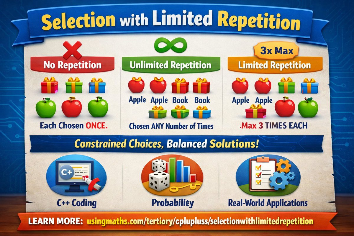 useOfMaths's tweet photo. Choosing items with rules? That's Selection with Limited Repetition โ and C++ handles it beautifully ๐งฎ
๐ Balloon problem โ real algorithm โ working C++ code
Theory + implementation in one place ๐
https://t.co/OnOmFWKd3e
#CPlusPlus #Combinatorics #CS #CodingEducation https://t.co/L1ps4PqILM