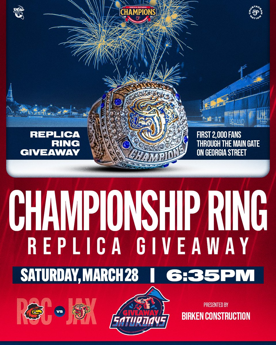 JaxShrimp's tweet image. Bring your crew and celebrate the champs! 🏆⚾️ Opening Weekend — Friday, Mar 27 through Sunday, Mar 29. 

Tickets start at $5 — limited availability! Grab 'em: milb.com/jacksonville/t… #FamilyFun #Jacksonville