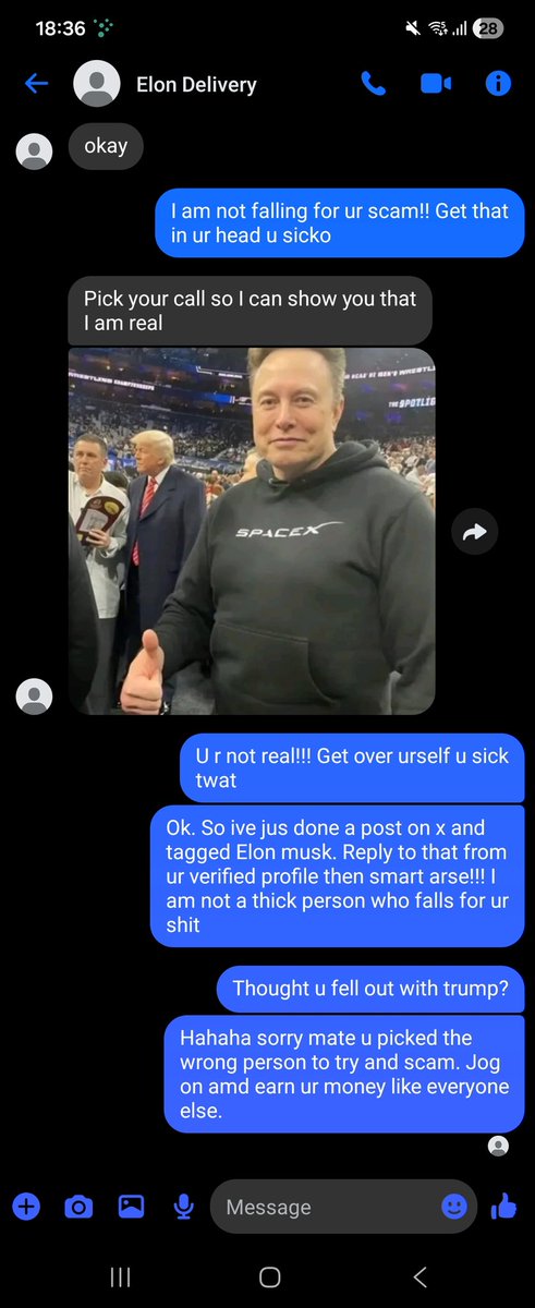 ahowarth84's tweet photo. @elonmusk Waiting for ur reply on x haha ! Targeting people about to be homeless. Scammers suck https://t.co/XergTTHgA6