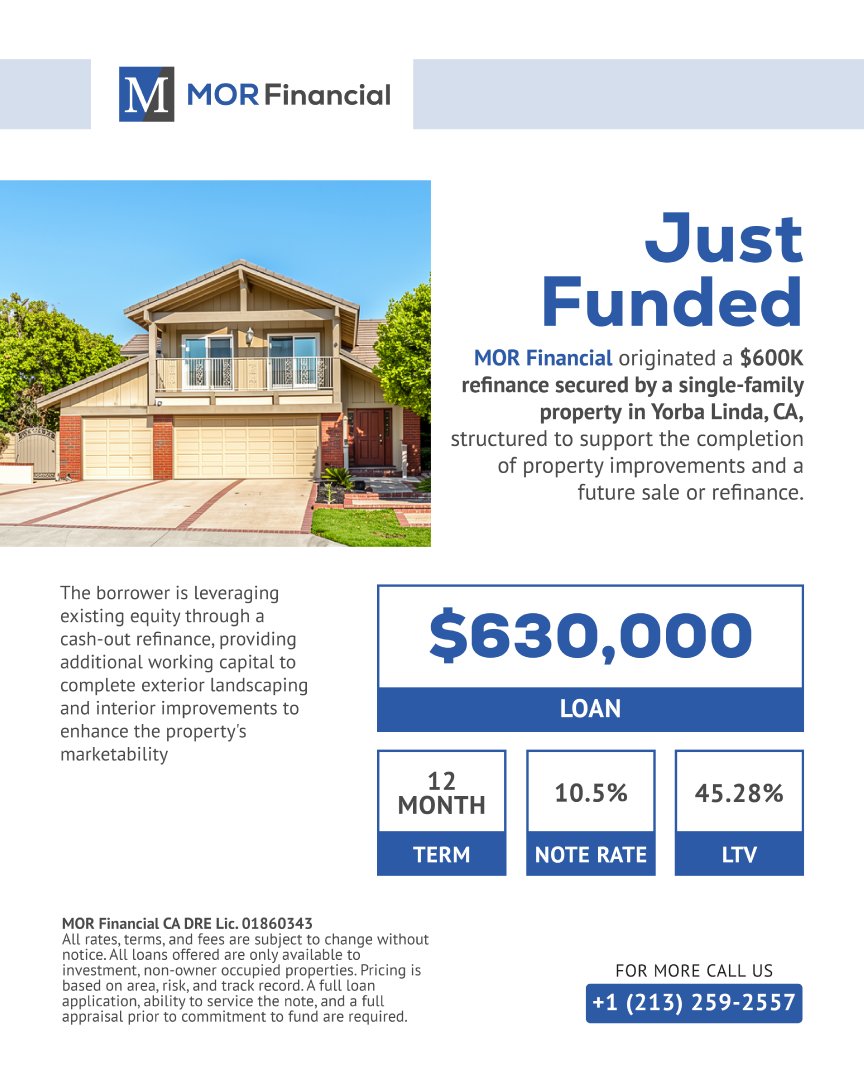MOR_Financial's tweet photo. Another deal closed.

$630K cash-out refinance, low 45% LTV, built for flexibility and protection.

#PrivateLending #JustFunded #RealEstateFinance https://t.co/p8ntEDpsM0