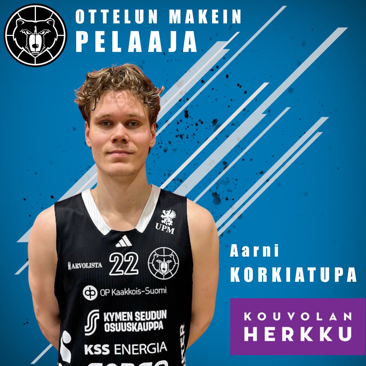 Kouvot's tweet photo. Aarni Korkiatuvalta tänään melko mehukas tilastorivi: 17 pistettä, 10 levypalloa, 5 syöttöä, 4 riistoa ja +11 #kouvot #kouvotbasket #korisliiga #kouvolanherkku https://t.co/lHC356Mgrp