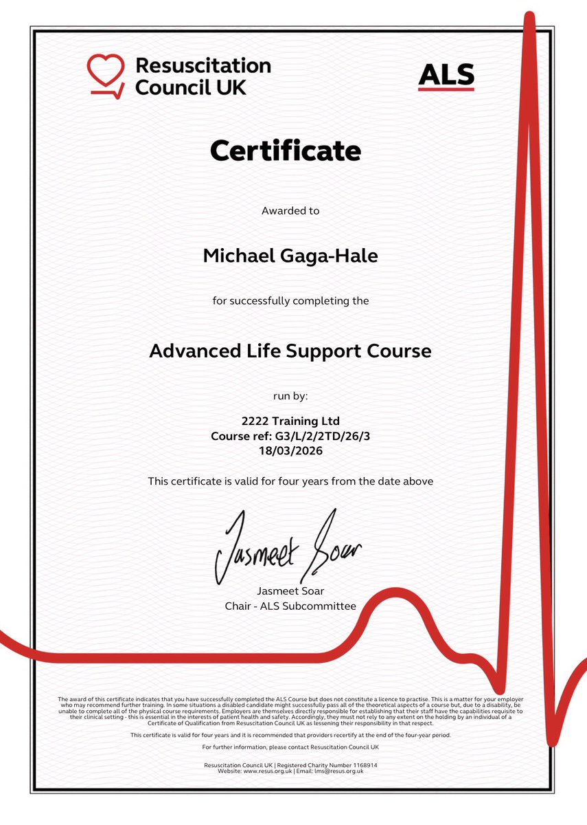 MichaelGagaHale's tweet image. After two days of training, I’m pleased to have successfully passed the Resuscitation Council UK Advanced Life Support (ALS) course.

Thank you to the faculty at 2222 Training Ltd for a well-run course and strong clinical support throughout.

#paramedic #ALS #resuscouncil