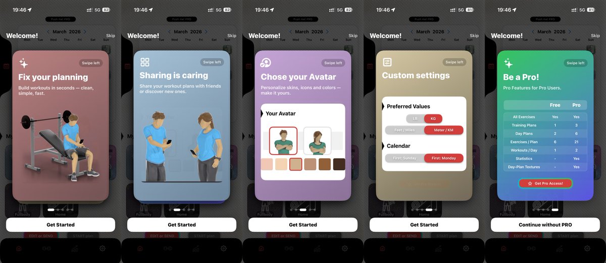push_me_app's tweet photo. Just redesigned the onboarding for my workout planner app 👀

Clean. Simple. Focused on what matters:
→ plan fast
→ share plans
→ chose avatar
→ settings
→ soft paywall

What do you think?

#buildinpublic #indiedev #iosdev #fitnessapp #uiux #swiftui https://t.co/zZRTstt4hj