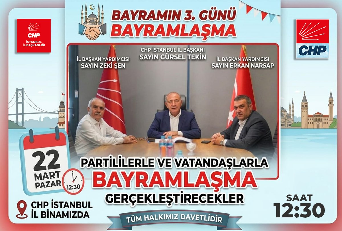 Bayramın Sevincini Birlikte Paylaşıyoruz! 🌹

​Değerli Yol Arkadaşlarımız ve Kıymetli İstanbullular;
​Birlik, beraberlik ve dayanışma ruhumuzu pekiştirmek amacıyla düzenlenen geleneksel bayramlaşma törenimizde sizleri de aramızda görmekten onur duyarız.

​İl Başkanımız Sayın