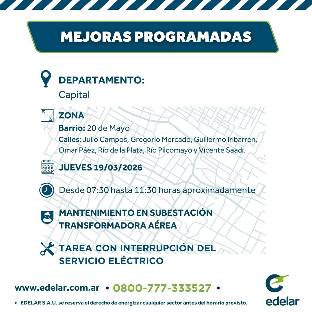 EdelarSAU's tweet image. @EdelarSAU

#MejorasProgramadas 

📆Semana del 16 al 22 de marzo.     

📞Les recordamos que por cualquier emergencia o reclamo pueden comunicarse al 0800-777-333527 (Edelar).
