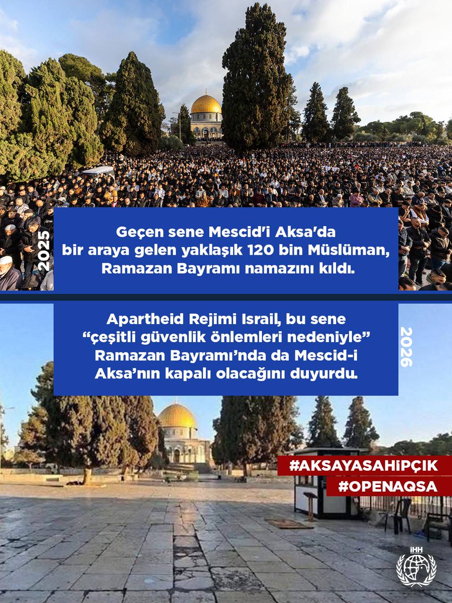Geçen sene Mescid'i Aksa'da bir araya gelen yaklaşık 120 bin Müslüman, Ramazan Bayramı namazını kıldı.
Apartheid Rejimi Israil, bu sene "çeşitli güvenlik önlemleri nedeniyle" Ramazan Bayramı'nda da Mescid-i Aksa'nın kapalı olacağını duyurdu.
#AksayaSahipÇık 
#OpenAqsa