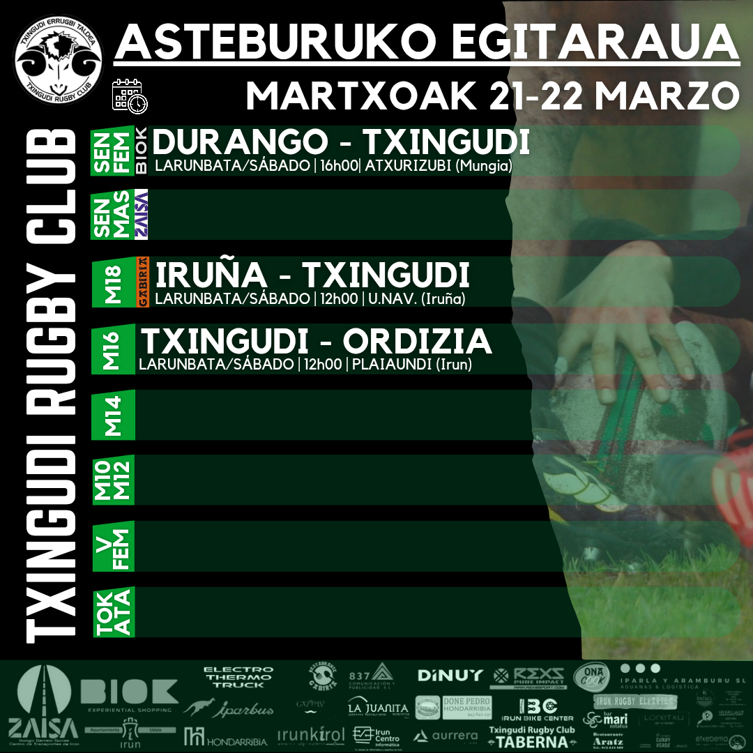 txingudirugby's tweet image. Asteburuko egitaraua | Programa del fin de semana

#rugby #txingudi
