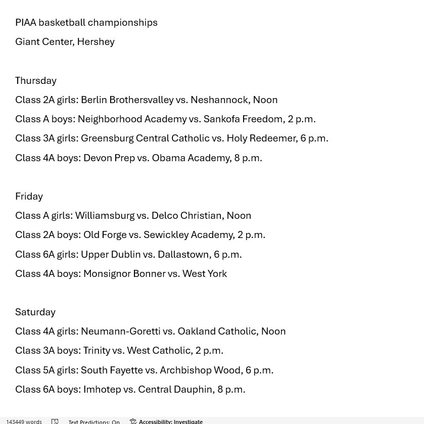 BillBeckner's tweet photo. Here's the full schedule for this weekend's PIAA basketball finals in Hershey.

@TribLiveHSSN @TribSports @PIAASports #PIAAhoops https://t.co/SaCzEBOOxa