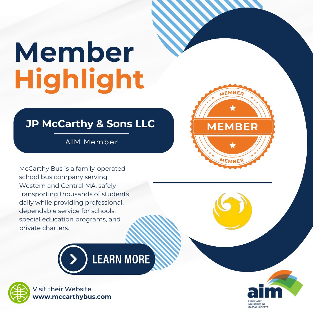 AIMBusinessNews's tweet image. AIM Member Highlight: McCarthy Bus 

Family-operated, serving Western &amp;amp; Central MA, safely transporting thousands of students daily with reliable service for schools, special education, and private charters.
 
👉 mccarthybus.com  

#AIMMembers #SchoolTransportation