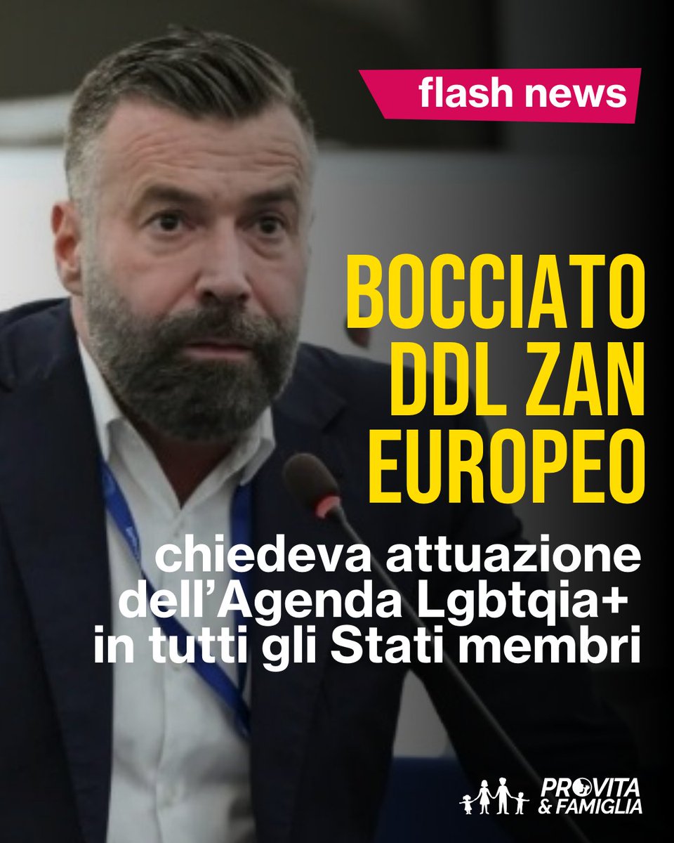 ProVitaFamiglia's tweet photo. Esprimiamo soddisfazione per la bocciatura, in Commissione Affari Costituzionali del Parlamento europeo (AFCO), del Rapporto proposto da Alessandro Zan sull’attuazione della Carta dei diritti fondamentali dell’Unione europea.

È stato così fermato un tentativo ideologico di subordinare l’UE e gli Stati membri all’agenda Lgbtqia+, con ricadute dirette su famiglie, bambini e libertà di espressione.

👉 Il documento sosteneva il riconoscimento della filiazione in tutta l’UE indipendentemente dal tipo di “famiglia”, promuovendo la genitorialità di persone dello stesso sesso e invitando gli Stati membri ad adottare la Strategia Lgbt 2026-2030 dell’Unione europea.

👉 Promuoveva inoltre il riconoscimento giuridico dell’identità di genere, dell’autopercezione e della loro validità transfrontaliera, oltre alla condanna delle cosiddette “pratiche di conversione”.

👉 Chiedeva poi alla Commissione europea di avviare procedure di infrazione contro gli Stati membri accusati di “discriminazioni”, puntando a inserire l’identità di genere nella Carta dei diritti fondamentali.

Si trattava, di fatto, di un vero e proprio “Ddl Zan europeo”, che spingeva per l’estensione dei reati di odio legati a orientamento sessuale e identità di genere e per interventi dell’UE contro contenuti online ritenuti “hate speech”, mettendo a rischio la libertà di espressione di chi dissente dai diktat arcobaleno.

Ancora più grave, la richiesta di condizionare i fondi europei al rispetto della Carta e delle sentenze della Corte di Giustizia UE, esercitando una pressione politica e ideologica sugli Stati membri.

Siamo grati agli esponenti del PPE, di ECR e di altri partiti di destra che hanno scongiurato questa deriva. Il rapporto di Zan è stato respinto con 13 voti a favore e 17 contrari.

È un segnale importante per chi crede in un’Europa fondata sulla realtà, sulla sovranità degli Stati, sulla tutela della famiglia, sulla protezione dei bambini e sulla libertà educativa e di espressione #alessandrozan #unioneeuropea #ddlzan #provita