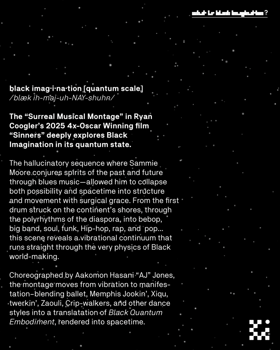 blkimagination's tweet photo. How is Black Imagination quantum tech? In Sinners, blues show Blackness as infinite possibility, vibration as tech, embodiment as form. #BlackImagination #Sinners #TheAcademy https://t.co/ngZPwYKTj1