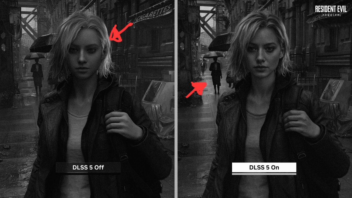 torhowl's tweet photo. Lo peor del DLSS 5 es que altera de forma impredecible la intención original del diseño. Aquí ha modificado el área de mayor contraste, haciendo que el principal foco de atención pase a ser la mujer del fondo. Todo compite por tu atención. https://t.co/TrEEtS9e69