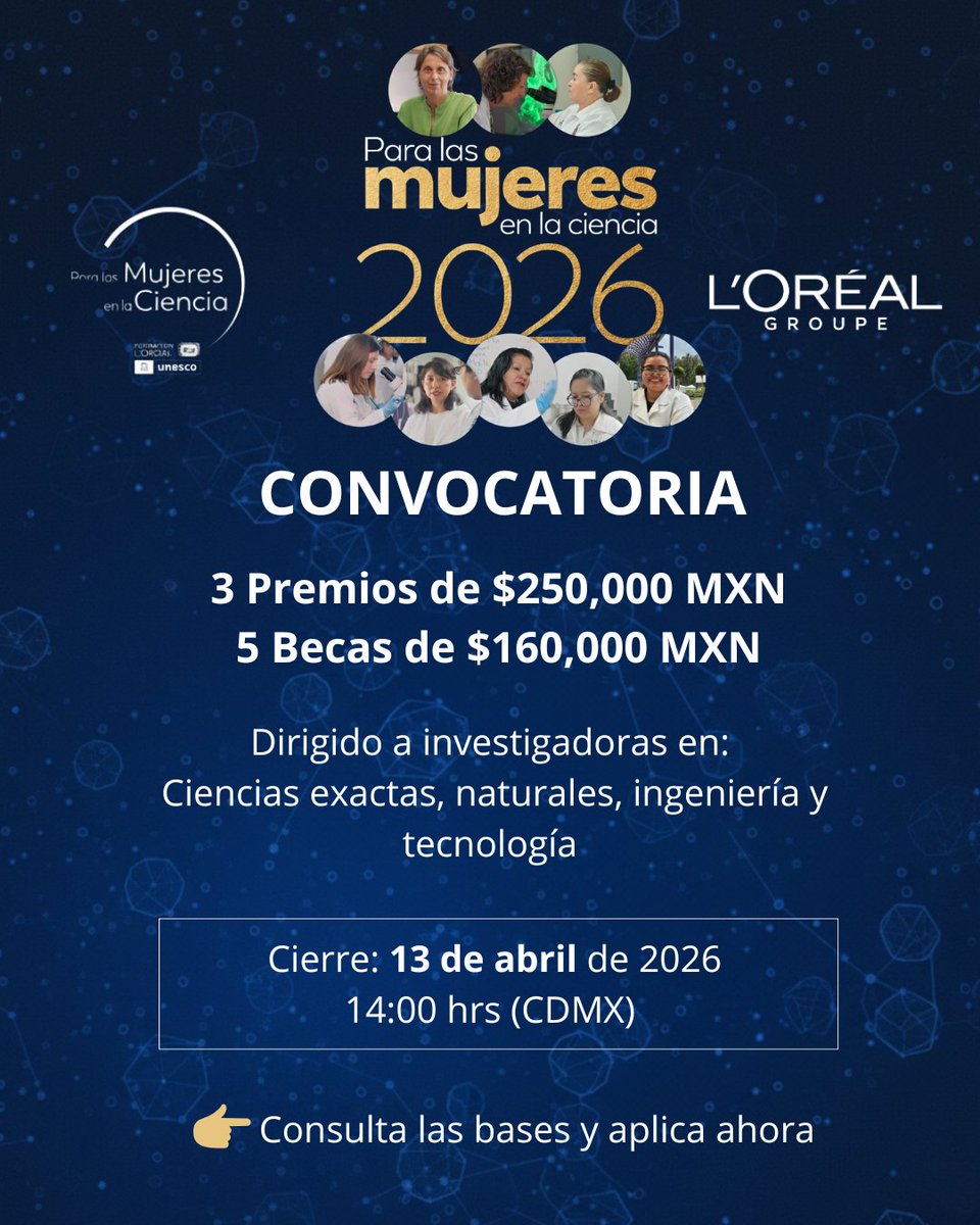 UNESCOMexico's tweet image. 👩‍🔬Premios y becas para científicas en áreas de ciencias exactas, ciencias naturales, ingeniería o tecnología. 

📡Consulta y comparte la convocatoria #Para las Mujeres en la Ciencia 2026 de #UNESCO, @LOrealGroupe y @amciencias. 

➡️f.mtr.cool/baonrblpts