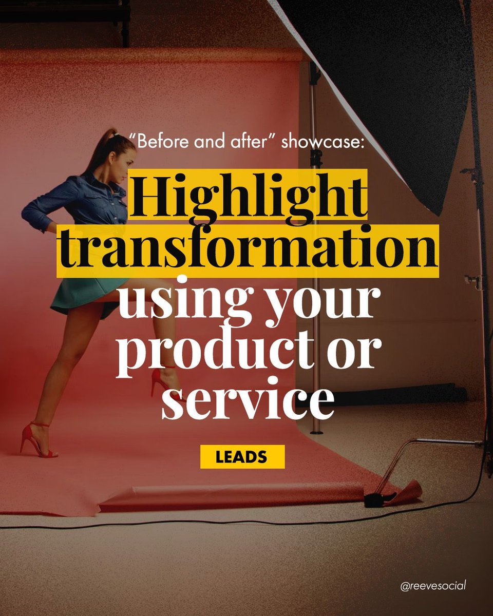 Social media that creates ➤ 𝗟𝗲𝗮𝗱𝘀

Increase your leads with some of these simple content types:

💡 “Before and after” showcase: Highlight transformation using your product or service.

Purposeful social media, that creates impact. ®️✔️
