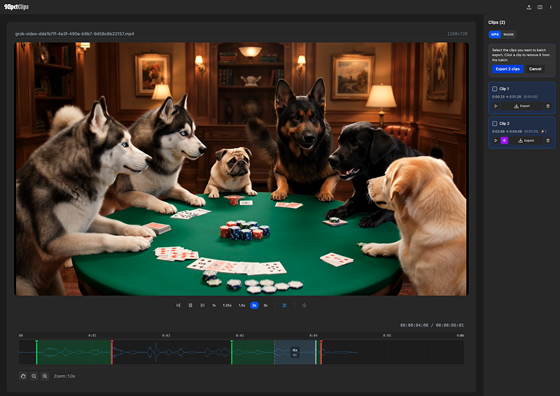 stevensinteract's tweet photo. 90pctClips: load video, mark clips, trim, batch export. Web stuff, client-side. No bloat. What else do you need a basic clip extractor to? Seriously... tell me.