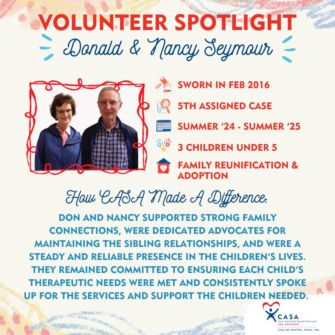 CASACenTex's tweet image. Shining a light on our incredible CASA volunteers! 💫 Thanks for being #TheCASADifference, Don &amp;amp; Nancy! They advocated for familial and sibling relationships and were a steady presence for the children during the case. 

#BecomeACASA or donate today! casacentex.org