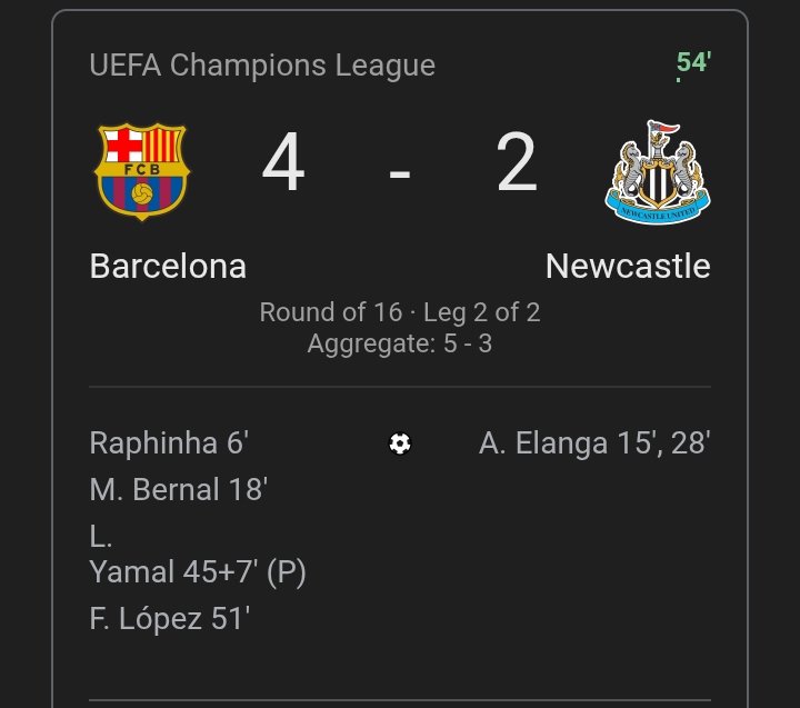 To run into conclusion, it is now cleared and Barcelona is winning Newcastle in this champions league.
