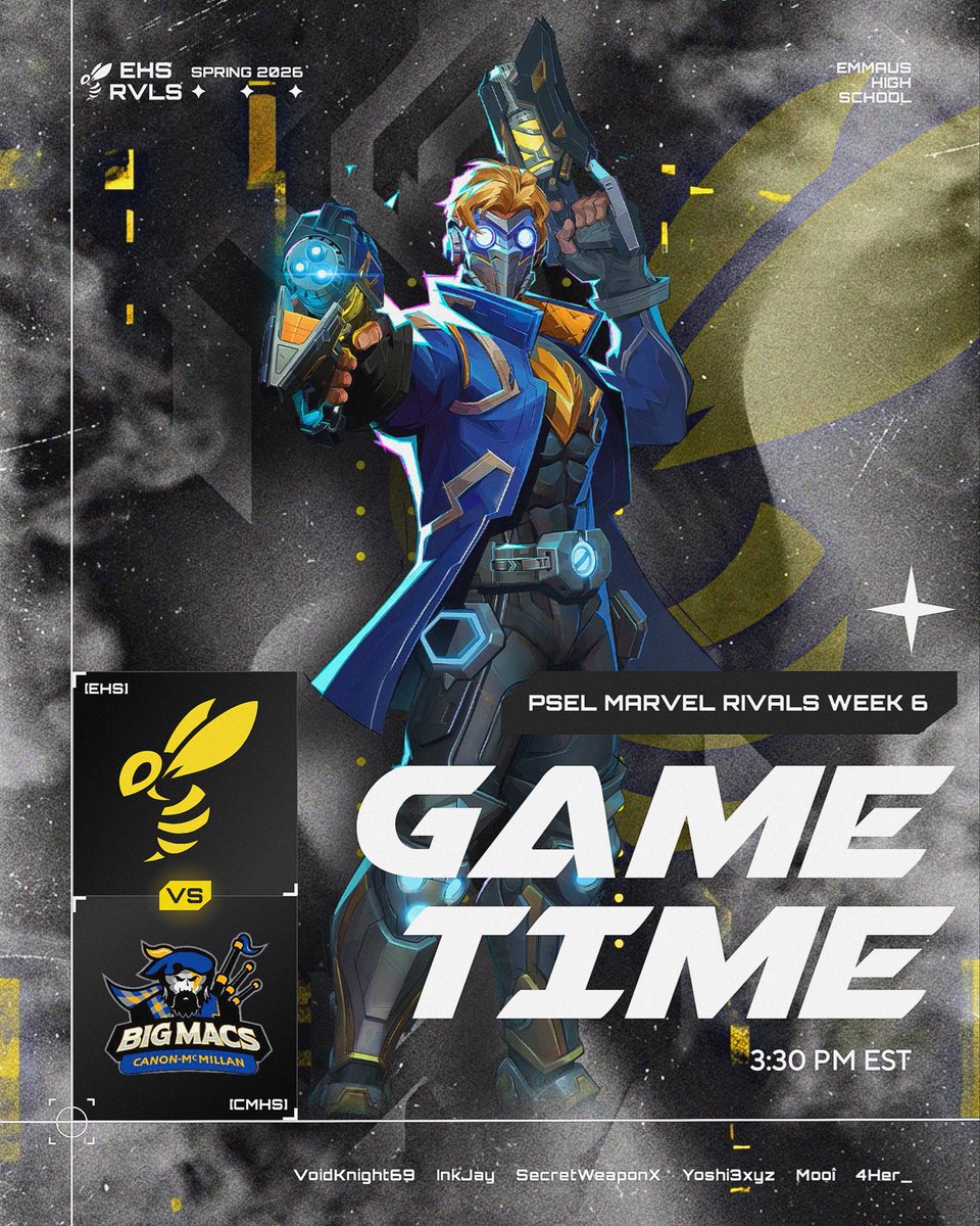 emmaus_esports's tweet image. It's game day guys🔥🔥

⚔️ @canonmacesports 
⏰ 3:30 PM EST
🗓️ PSEL Week 6
🎮 Marvel Rivals

#GAMETIME 💫