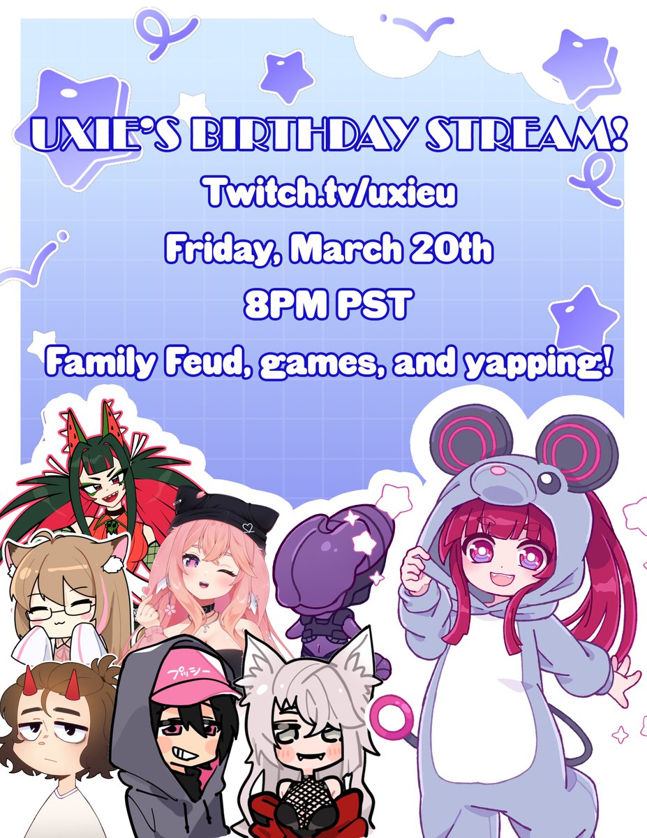 Uxieuuu's tweet photo. My birthday is on FRIDAY!!!! We're gonna play Family Feud, probably some Marathon and League, and lots of yappage! I'm so excited to play games with everyone, I hope to see you guys there!
⏰Friday, March 20th, 8PM PST
🔗below! https://t.co/JyaZKG3hKx