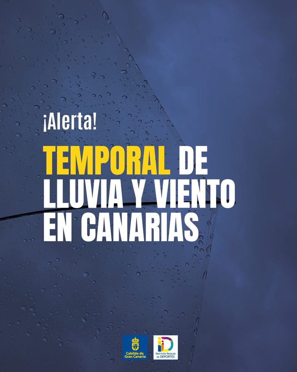 GranCanariaDep's tweet photo. #AlertaTemporalGC

En el marco del PEIN y siguiendo indicaciones de Emergencias, activamos medidas ante la alerta por lluvias, viento y fenómenos adversos en Gran Canaria. 

Se suspenden actividades al aire libre y GC Activa. Evita desplazamientos y sigue canales oficiales. https://t.co/pRQmM600Xb