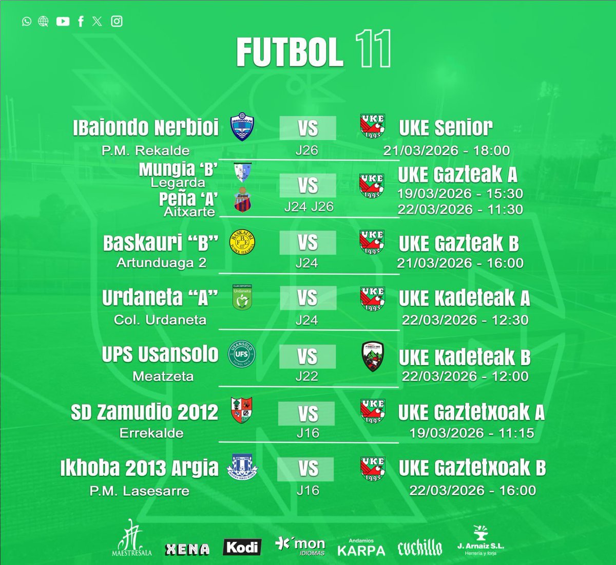 📣Asteburu honetako ordutegiak:

Aste honetan zubiarengatik partidu aurreratuak daude, eta batzuk... bihar bertan jokatuko dira! ⚽🔥
---------
Esta semana hay partidos adelantados por el puente, algunos de ellos se jugarán… ¡mañana mismo! 

Aupa Urre!!!💚🤍