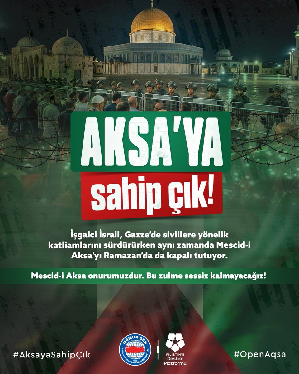 19 gündür Mescid-i Aksa’yı işgal edip kapalı tutan katiller sürüsü İsrail zulmün her türlüsünü denemekten geri durmuyor.

Siyonist İsrail’in bu zorbalığı derhal sona ermelidir!

Mescid’i Aksa için susmak yok!

Zincirler kırılacak Mescid-i Aksa açılacak!

#AksayaSahipÇık