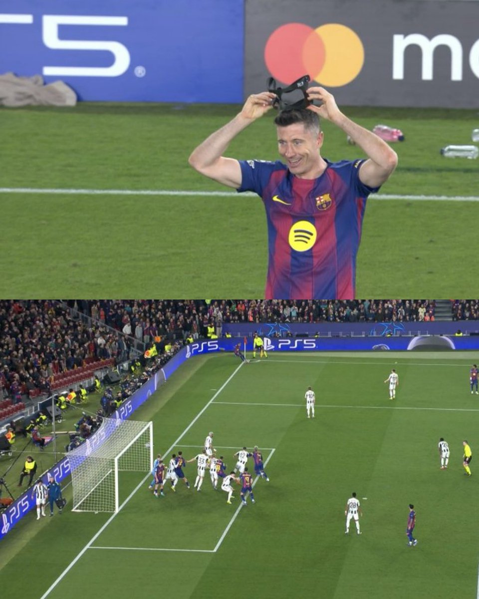 footballpunditX's tweet image. Robert Lewandowski is doing the 'KINGS' celebration by holding his mask above his head.
#BARNEW #UCL