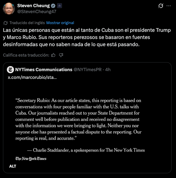 ⚠️⚠️#Ahora. El Director de Comunicaciones de la Casa Blanca responde al New York Times sobre #Cuba:

¨Las únicas personas que están al tanto de Cuba son el presidente Trump y Marco Rubio. Sus reporteros perezosos se basaron en fuentes desinformadas que no saben nada de lo que