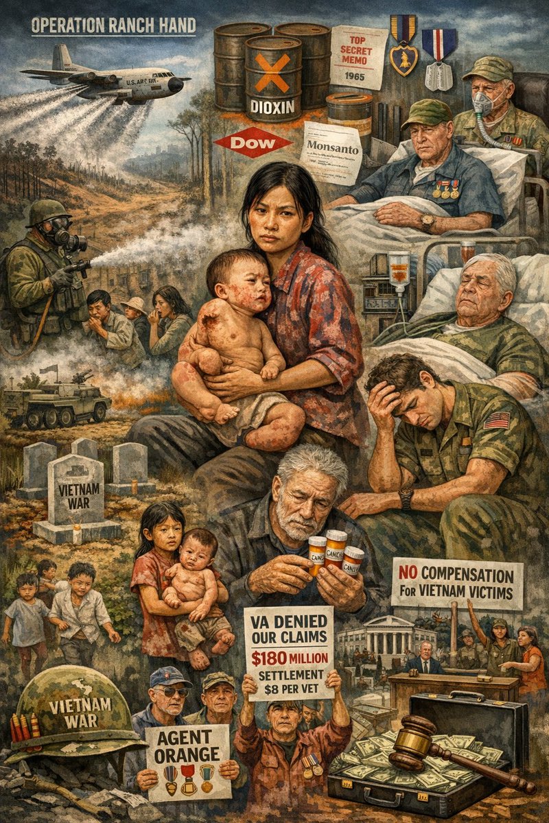 MostViewedOnX's tweet image. 🚨 TIME FOR ACCOUNTABILITY 🚨
⚠️ Agent Orange: Chemical Warfare Against Vietnam and Its Own Soldiers (1961-1971)

SUMMARY
Operation Ranch Hand, conducted by the U.S. military from 1961 to 1971, sprayed approximately 20 million gallons of chemical herbicides over 4.5 million acres