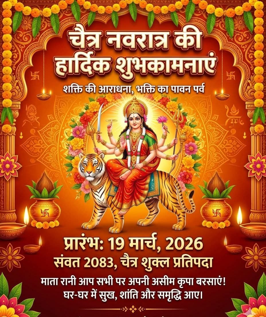 चैत्र नवरात्रि के पावन अवसर पर आप सभी को हार्दिक शुभकामनाएं 🙏
यह पर्व केवल उत्सव नहीं, बल्कि आस्था, शक्ति और आत्मविश्वास का प्रतीक है, जो हमें सत्य और धर्म के मार्ग पर चलने की प्रेरणा देता है 🚩

माँ दुर्गा की कृपा से आपके जीवन में सुख, समृद्धि और शांति का वास हो 
आपका हर संकल्प