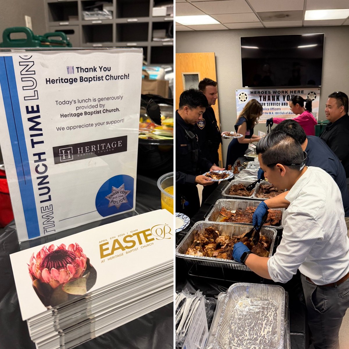 hbccares's tweet photo. Our @hbccares team and @pastorfong had a wonderful time serving lunch to our local heroes at the @UnionCityPD_CA ❤️🚔

We appreciate all they do for our community. 🙌🏻

Special thanks to Canyons BBQ in Castro Valley for the delicious food! 🥩🔥🍗 https://t.co/kkyX3Jnqyv