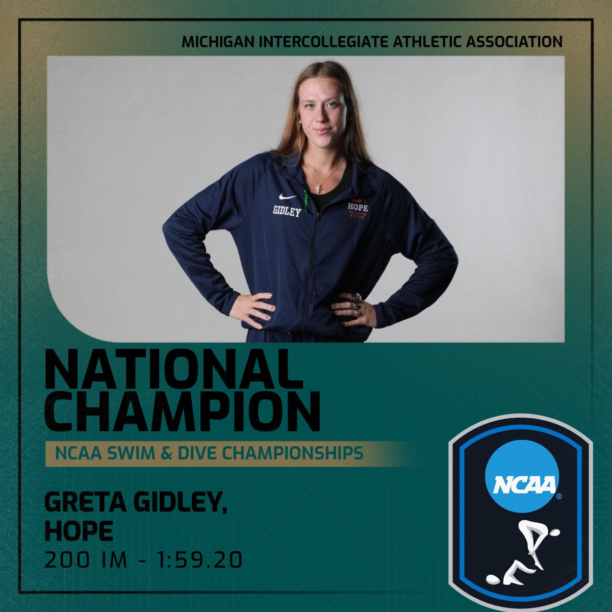 MIAA1888's tweet photo. National Champion! 👑

Greta Gidley of @HopeAthletics captures the 200 IM national title at the NCAA Division III Swimming &amp; Diving Championships with a winning time of 1:59.20!

#D3MIAA #MIAAswimdive #GreatSince1888 https://t.co/jGd2VCEn8h