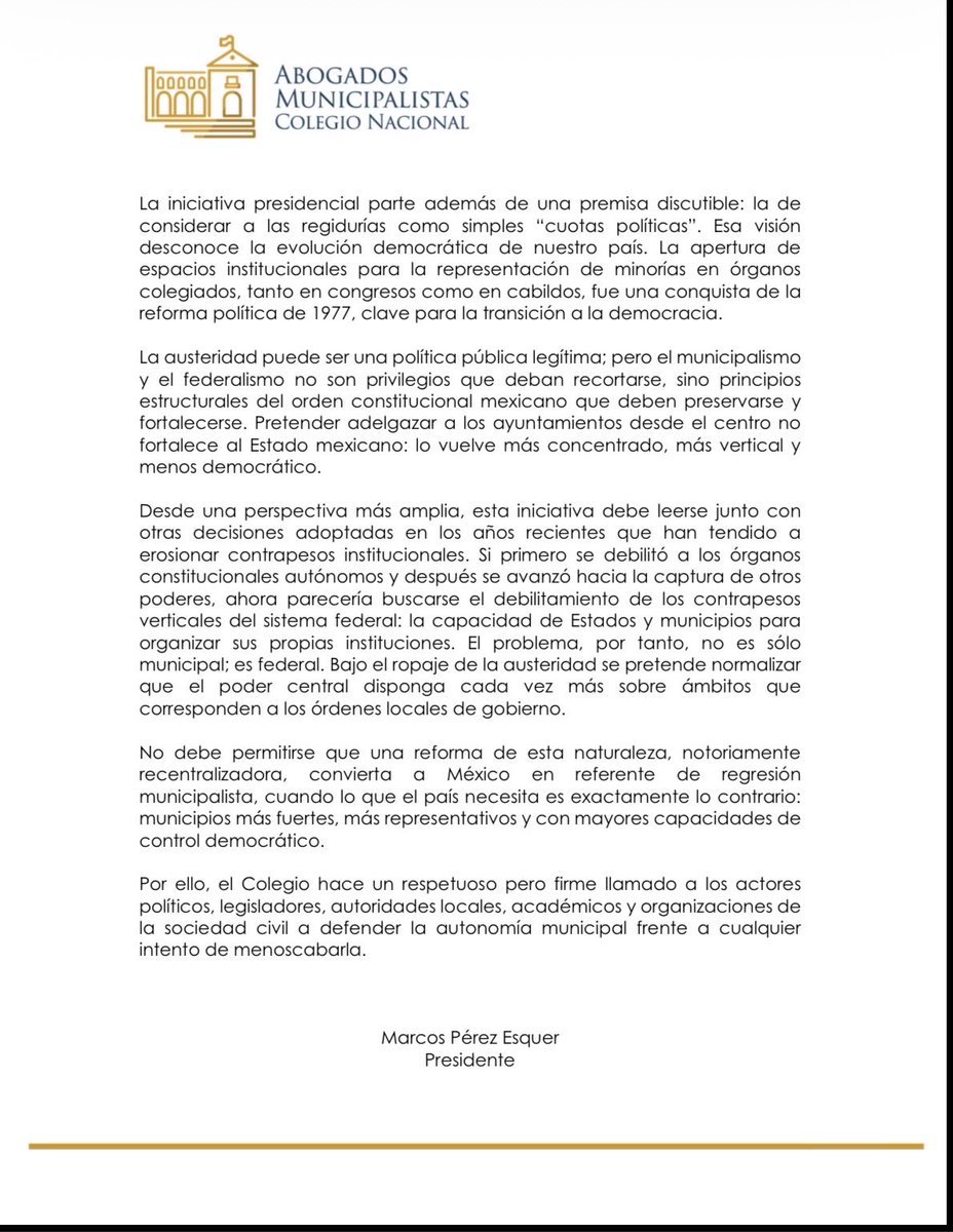 Posicionamiento del Colegio Nacional de Abogados Municipalistas <a href="/DerMunicipal/">Colegio Nacional de Abogados Municipalistas</a> ante la iniciativa de reforma constitucional, conocida como “Plan B”.