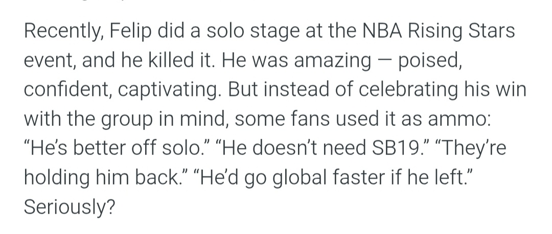 To this day, I still don't know where these ppl get this story from. I'm fairly "in the trenches" as an Fstan &amp; I have never met one who seriously wants him to go full solo much less say all these other stuff this poster is claiming. You ppl just love making up stories!