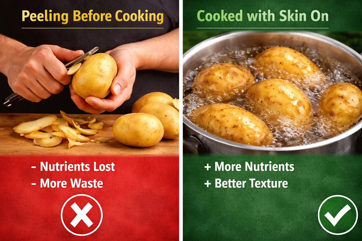 BeyondHungerEd's tweet photo. Do you peel potatoes before boiling?

Here's what you don't know:

Potato skin contains dietary fiber, potassium, Iron &amp; antioxidants.
Peeling your potatoes before cooking allows some nutrients to be lost or dissolved when boiled. https://t.co/oXdMGBXi9o