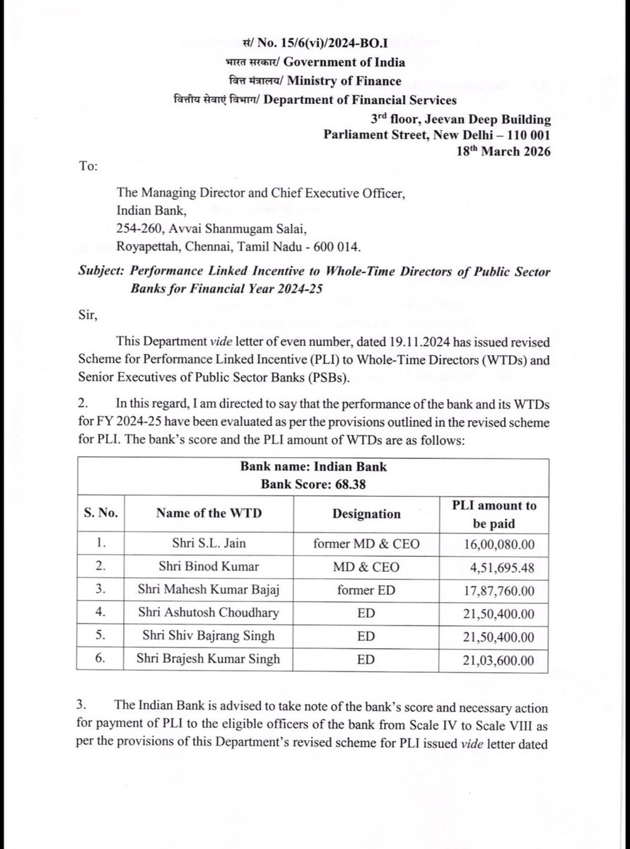 iNitinTyagi's tweet photo. 🚨 PLI Reality Batch 3: Indian Bank

@MyIndianBank bosses take ₹1.02 CR
Branch staff get 15 days salary

PLI = Profit for bosses
Pressure for staff

Brace yourself.
Next level pressure is coming. https://t.co/NZDPS1BEHI