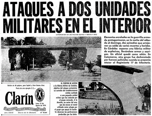 Cómo llegamos al 24 de marzo?
 Grupos paramilitares ERP, Montoneros..., se alzaron en armas para tomar el poder y convertir a nuestro país en "La Patria Socialista". Así actuaban en democracia!
.Ataque a Fábrica explos. V. María (10/08/74)
.Ataque a Regimiento Nº 19- (10/08/74)