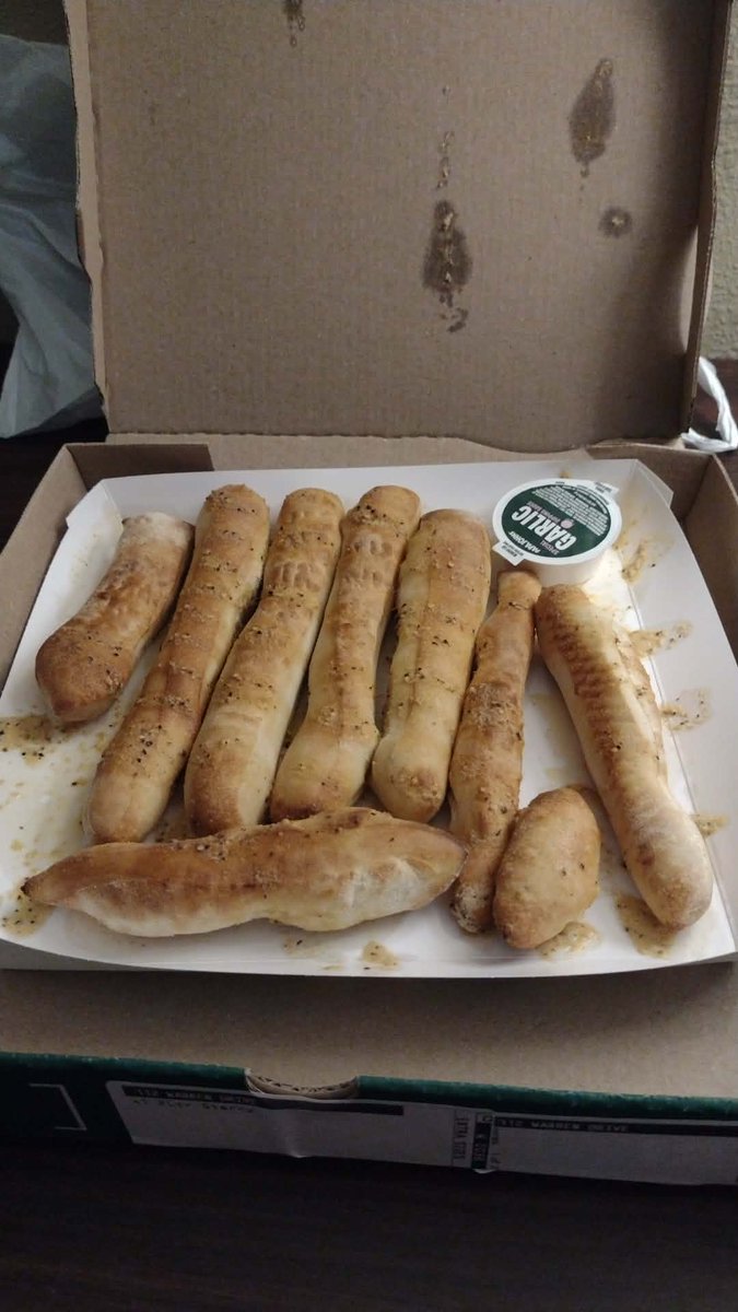 Wow <a href="/PapaJohns/">Papa Johns</a>  I didn't think you could underwhelm me more. This was my 10pc breadsticks and BBQ boneless wings tonight.  That's 9 breadsticks and that's only if you are charitable and count the one nubbin as an actual breadstick. Unworthy.