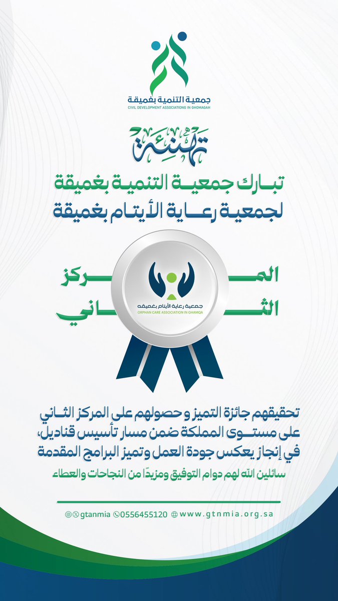 | تهنئة 

تتقدم جمعية التنمية بغميقة بخالص التبريكات لجمعية رعاية الأيتام بغميقة بمناسبة حصولهم على المركز الثاني على مستوى المملكة في برنامج تأسيس قناديل.
و نتمى لهم مزيداً من التوفيق و السداد.

<a href="/AytamGSa/">جمعية رعاية الايتام بغميقة</a> 
#تنمية_غميقة