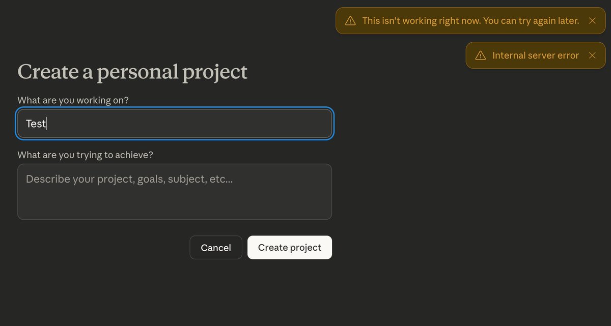 storingNL's tweet photo. @claudeai Creating projects is having a hard time for quite a bit now #claude https://t.co/A3YJgsGV8d